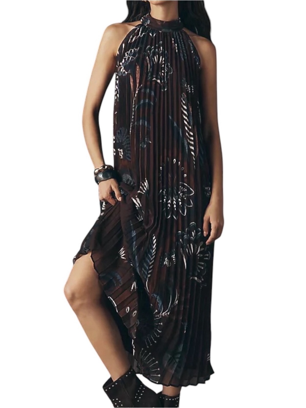 NWT Farm Rio Pleated Halter Dress Crepe Floral Sleeveless  Maxi Dress, Size S